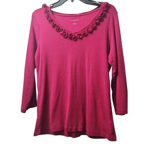 Talbots Ruffle Neck Top‎ 3/4 Sleeve Cotton Blend Casual Blouse Large